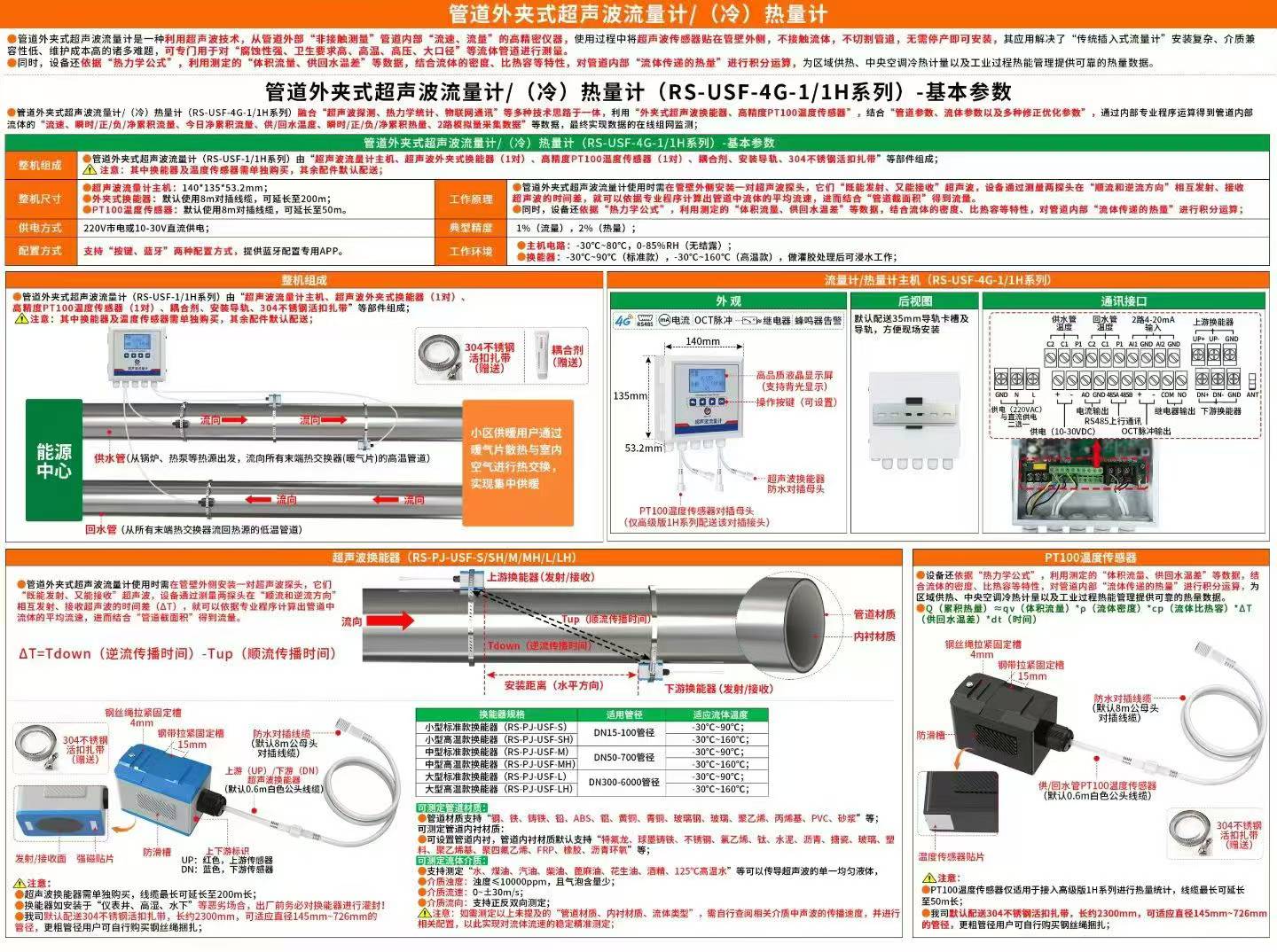 4G联网型管道外夹式超声波流量计/（冷）热量计