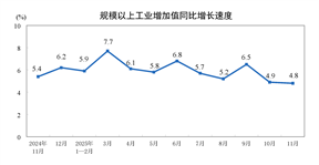 2025年11月份規(guī)模以上工業增加值增長4.8%